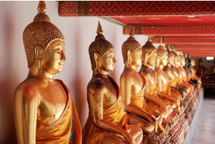 Golden statues in a line at Wat Pho temple, Bangkok